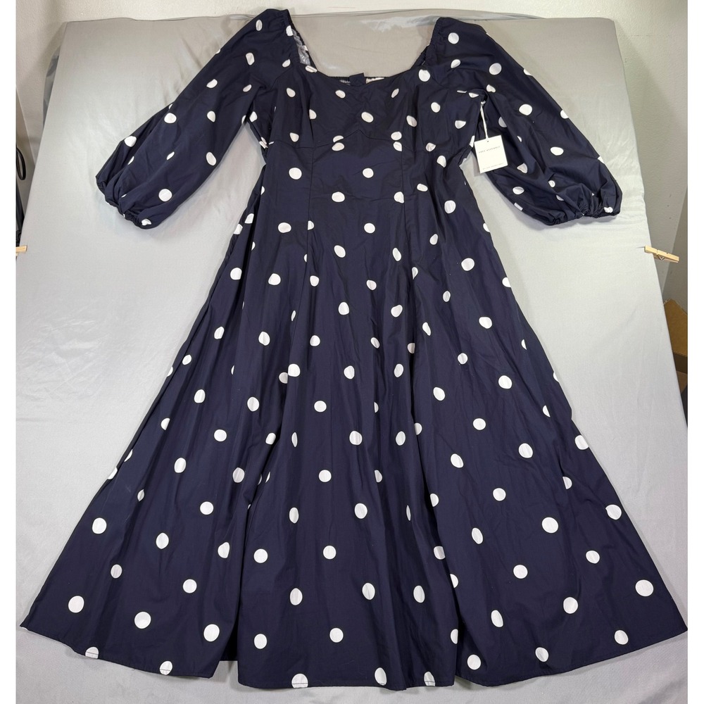 Polka Dot Maxi Dress Navy Blue Puff Sleeve XXL 20 NEW Coquette Retro Pinup 50s